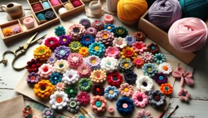 DALL·E 2024 05 21 07.58.38 A collection of colorful hand knitted 3CM cotton flowers in 22 different colors ideal for DIY decor scrapbook and apparel sewing projects. The flo 1