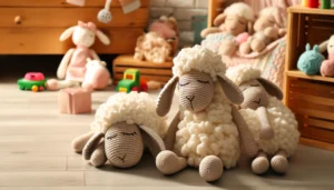 DALL·E 2024 05 21 08.19.05 A cozy and inviting scene featuring Handmade Crocheted Wool Dolls with long ears designed as sheep plush toys. These sleeping dolls are perfect for k 1