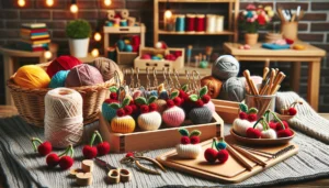 DALL·E 2024 05 21 08.23.14 A cozy and creative scene featuring 10 pieces of knitted woolen yarn cherry hook weaving DIY ornaments. These craft supplies are displayed as decorati 1