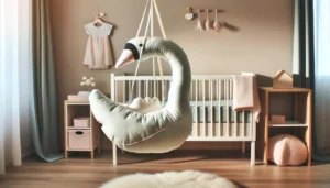DALL·E 2024 05 21 08.27.24 A cozy and stylish nursery room featuring a Baby Soothing Pillow in the shape of a swan hanging on the wall as a decoration. The room is softly lit w 1