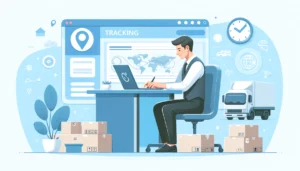 DALL·E 2024 05 21 08.37.15 A helpful scene depicting the process of tracking a package online. A person is shown sitting at a desk with a laptop looking at a tracking page on t 1