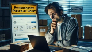 DALL·E 2024 05 22 05.26.39 A person looking concerned while using a laptop and checking tracking information for parcels on the PostNL website. The background shows a temporaril 1