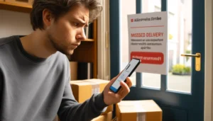 DALL·E 2024 05 22 05.30.52 A person looking at their smartphone with a concerned expression showing a notification about a missed delivery. The background includes a typical Du 1