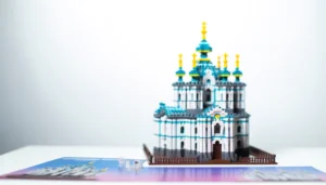 DALL·E 2024 05 22 05.48.48 A detailed image of a mini diamond blocks building toy set showcasing the Smolny Cathedral. The scene includes the finished model of the cathedral w 1