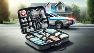 DALL·E 2024 05 22 05.56.35 A multi function portable empty medical first aid bag kit placed in a car and home emergency scenario. The image shows the bag open with multiple co 1
