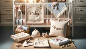 DALL·E 2024 05 22 06.20.44 A set of personalized baby items including a name pillow cover swaddle blanket baby hat bow and baby swaddle. The scene shows these items in a coz 1