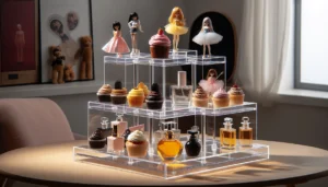 DALL·E 2024 05 22 06.27.23 An acrylic display stand with 1 5 tiers showcasing its use for various items like cupcakes perfume bottles dolls and collectible figures. The stan 1