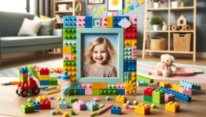 DALL·E 2024 05 22 07.00.44 A childrens DIY building block photo frame set. The image shows a colorful and playful photo frame made from interlocking blocks with a childs phot 1