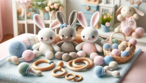 DALL·E 2024 05 22 07.50.38 A set of four handmade crochet baby rabbit stuffed dolls including a rattle toy wooden teething ring and pacifier chain clips. The image shows the 1