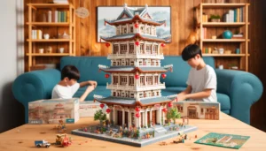 DALL·E 2024 05 22 08.04.38 A detailed image of the MOC City Street View Series Ancient Chinese Architecture Model The Yuejiang Tower building blocks. The model is intricately 1