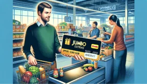 DALL·E 2024 05 23 05.05.52 A customer using a Jumbo Extras card at a grocery store checkout. The image shows the customer holding the card while groceries are being scanned. The 12