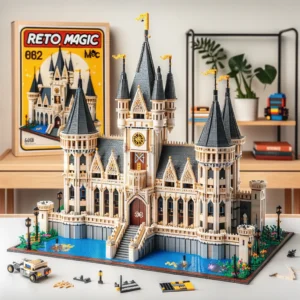 DALL·E 2024 05 23 08.33.27 A detailed model of a retro magic medieval castle built with diamond MOC blocks. The castle should showcase towers gates and intricate architectural 1