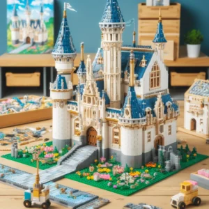 DALL·E 2024 05 23 18.43.22 A detailed model of a fairytale castle built with mini bricks and micro particle assembling blocks. The castle should have towers gates and enchanti 1