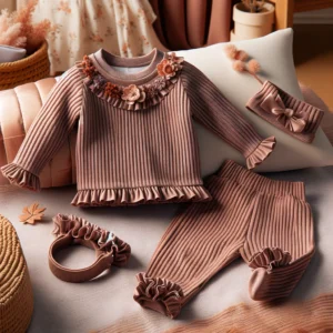 DALL·E 2024 05 24 05.00.22 A set of baby girl clothes for autumn 2023 including a long sleeve ribbed top matching pants and a headband. The set should be displayed in a cozy 1