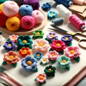 DALL·E 2024 05 24 05.03.26 A set of colorful 3CM hand knitted cotton flowers displayed on a crafting table. The flowers should be shown in various colors highlighting their vib 1