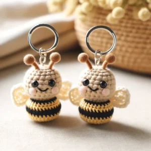 DALL·E 2024 05 26 06.45.19 A close up of two adorable crocheted bee keychains showcasing their handmade knitted design. These mini bee pendants are attached to keyrings and ca 1