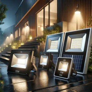 DALL·E 2024 05 26 06.53.51 A modern outdoor setting featuring various models of solar powered floodlights 50W 100W 200W 300W 500W with waterproof features. The floodlights 1