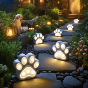 DALL·E 2024 05 26 07.02.51 A charming garden setting at night featuring LED solar paw print lights. The lights are shaped like dog and cat paw prints and are installed along a g 1