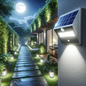 DALL·E 2024 05 26 07.14.50 A modern outdoor setting featuring the worlds most powerful solar light with a motion sensor. The waterproof LED wall lamp is installed on an exterio 1