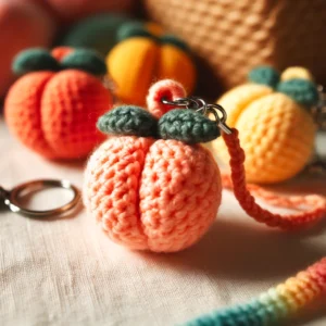 DALL·E 2024 05 26 07.25.43 A close up of handmade crochet fruit peach ornaments. These hand knitted wool accessories are shown as keychains and bag pendants. The scene should be 1