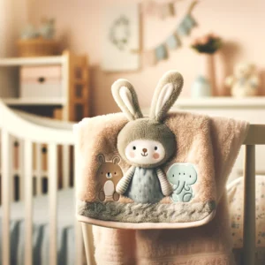 DALL·E 2024 05 26 07.37.56 A cozy and serene nursery scene featuring a Baby Soother Appease Towel Bib with soft bunny bear and elephant designs. The soother is shown in a crib 1
