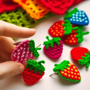 DALL·E 2024 05 26 07.44.11 A colorful and detailed image featuring 10 crocheted strawberry woven fruit pendant patches. These handmade clips are shown being used as decor access 1