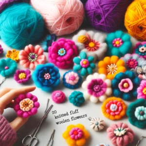 DALL·E 2024 05 26 07.50.34 A vibrant and detailed image featuring 20 knitted fluff woolen flowers applique patches. These handmade DIY accessories are shown being used on hairpi 1