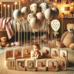 DALL·E 2024 05 26 08.04.37 A cozy and charming nursery setting featuring Baby Wooden Balloon Milestone Cards. The wooden milestone cards are displayed with baby photos showing 1