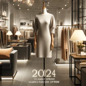 DALL·E 2024 05 26 08.10.35 A stylish and elegant scene featuring the 2024 early spring new womens pure cotton slim fit simple and fashionable mid length dress. The dress is di 1