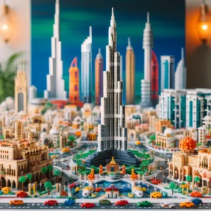 DALL·E 2024 05 26 08.21.51 A detailed and vibrant image of the Knew Built Dubai Skyline Building Block Models. The scene should showcase the miniature models of Dubais iconic s 1