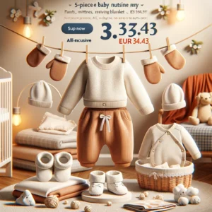 DALL·E 2024 05 27 05.24.22 A promotional image for a blog about a 5 piece newborn baby nursery kids outfit from AliExpress. The image should feature the full set including pants 1