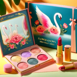 DALL·E 2024 05 28 05.58.14 A vibrant and appealing image showcasing the Makeup Set Flower Knows Swan Ballet Series. The set includes a six color eyeshadow palette embossed blus 1