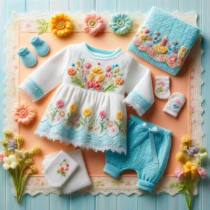 DALL·E 2024 05 28 06.54.49 A vibrant and appealing image showcasing a 5 piece newborn baby embroidery lace romper outfit set. The set includes a romper pants mittens and a re 1