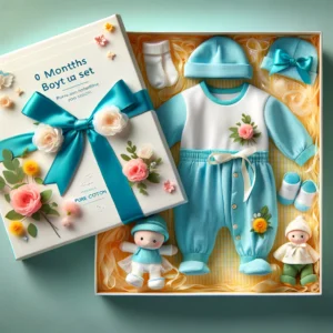 DALL·E 2024 05 28 07.05.40 A vibrant and appealing image showcasing a 0 6 months newborn boys clothes set in a gift box package. The set includes pure cotton outfits such as a j 1 1