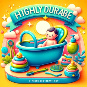 DALL·E 2024 05 28 07.48.10 A vibrant and appealing image showcasing a highly durable 7 piece baby bathtub set. The set includes a non slip tub and a toddler bath seat all made 1