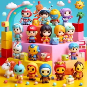DALL·E 2024 05 29 07.53.25 A vibrant and appealing image showcasing a generic set of colorful and cute mini figures in a playful setting. The figures are displayed in a dynamic 1