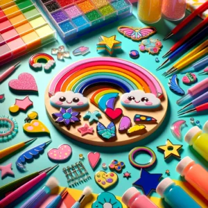 DALL·E 2024 05 29 07.59.33 A vibrant and appealing image showcasing a set of generic colorful and cute acrylic accessories and patches in a creative setting. The accessories are 1