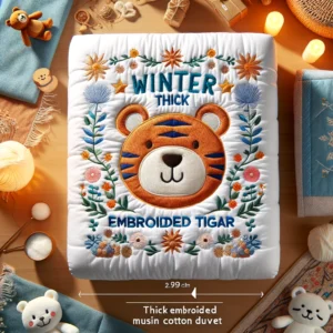 DALL·E 2024 05 29 08.09.36 A vibrant and appealing image showcasing a Winter Thick Embroidered Bear Tiger Muslin Cotton Baby Duvet. The duvet is displayed in a cozy and inviting 1
