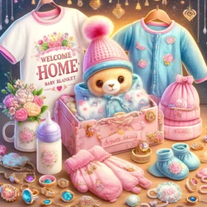 DALL·E 2024 05 29 08.14.09 A vibrant and appealing image showcasing the Dollbling Welcome Home Baby Blanket Gift 4Pcs Jewelry Name Infant Cotton Clothes Princess Mitten Bonnet B 1
