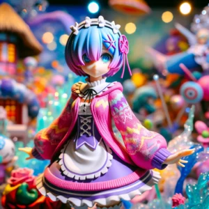 DALL·E 2024 05 29 08.25.57 A vibrant and appealing image showcasing a 22cm Re Life in A Different World From Zero Figure featuring Pink and Purple Rem in a Sweater. The figurine 1