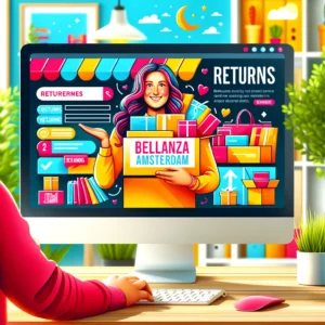 DALL·E 2024 05 29 19.20.15 A vibrant and informative image showing a customer returning packages to an online store. The setting includes a computer screen displaying the Bellan 11