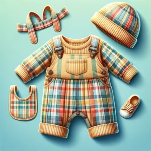 DALL·E 2024 05 30 08.02.17 A detailed and vibrant image showcasing a set of newborn cotton baby overalls for boys and girls. The set includes a plaid romper a matching bib and 1
