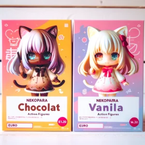 DALL·E 2024 05 30 08.26.18 A vibrant and appealing image showcasing Nekopara Chocolat and Vanilla action figures. The figures are displayed side by side on a clean white backgr 1