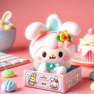 DALL·E 2024 05 30 08.31.19 A vibrant and appealing image showcasing a Genuine Sanrio Blind Box Anime Rabbit Series Flocking Cinnamoroll Kurumi Trend Toy Mini Figure presented a 1