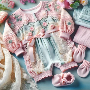 DALL·E 2024 05 30 18.43.06 A vibrant and appealing image showcasing a set of newborn baby clothing including a lace romper pants mittens and a receiving blanket in soft paste 1