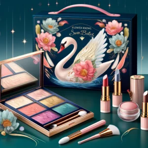 DALL·E 2024 05 31 05.53.08 A vibrant and appealing image showcasing the Makeup Set Flower Knows Swan Ballet Series including a six color eyeshadow palette embossed blusher sh 1