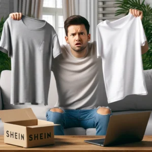 DALL·E 2024 05 31 08.23.45 A frustrated customer holding a grey T shirt in one hand and a white T shirt in the other with a confused expression. The setting is a living room wi 1