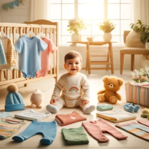 DALL·E 2024 05 31 21.57.15 A cute and vibrant baby clothing set displayed in a well lit cozy nursery room. The set includes various baby items such as bodysuits pants hats a 1
