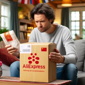 DALL·E 2024 06 01 22.59.49 A person receiving a package from China at their home in the Netherlands. The package looks disappointing with the person looking at it with a frustr 1