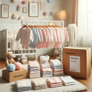 DALL·E 2024 06 02 07.57.05 A cozy baby room with a large set of newborn baby clothes neatly displayed. The set includes 22 26 pieces of 100 cotton clothing suitable for babies 1